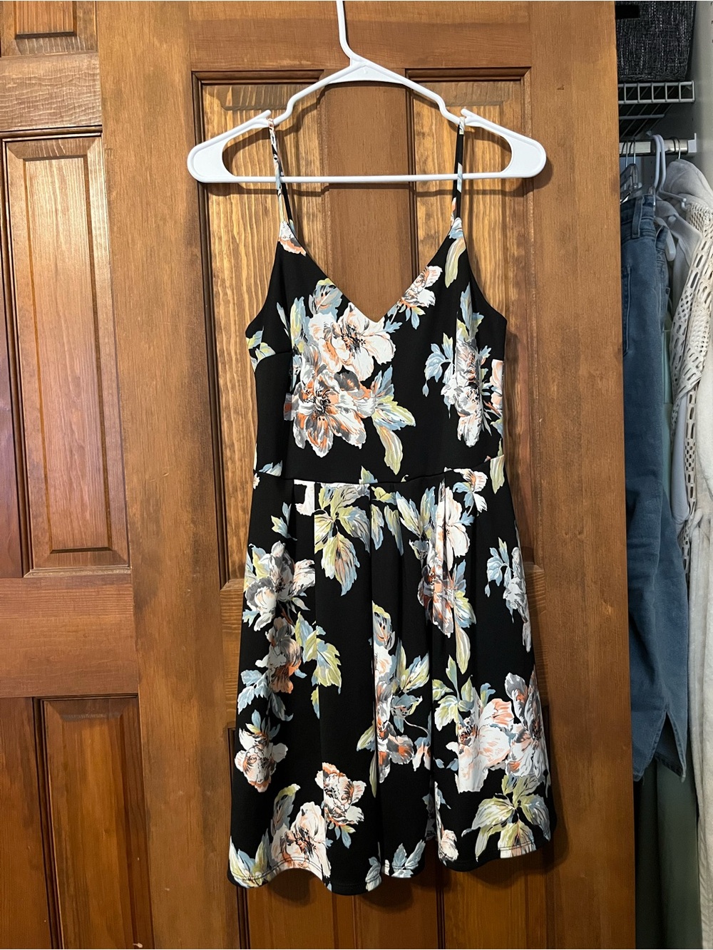 Soprano Black Floral V-Neck Spaghetti Strap Dress with Pastel Blooms